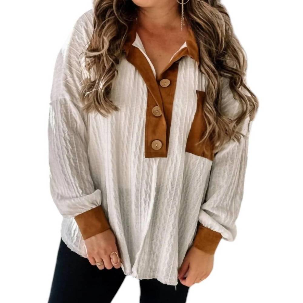 NEW BLUE BUTTERCUP contrast suede top in tan/white
